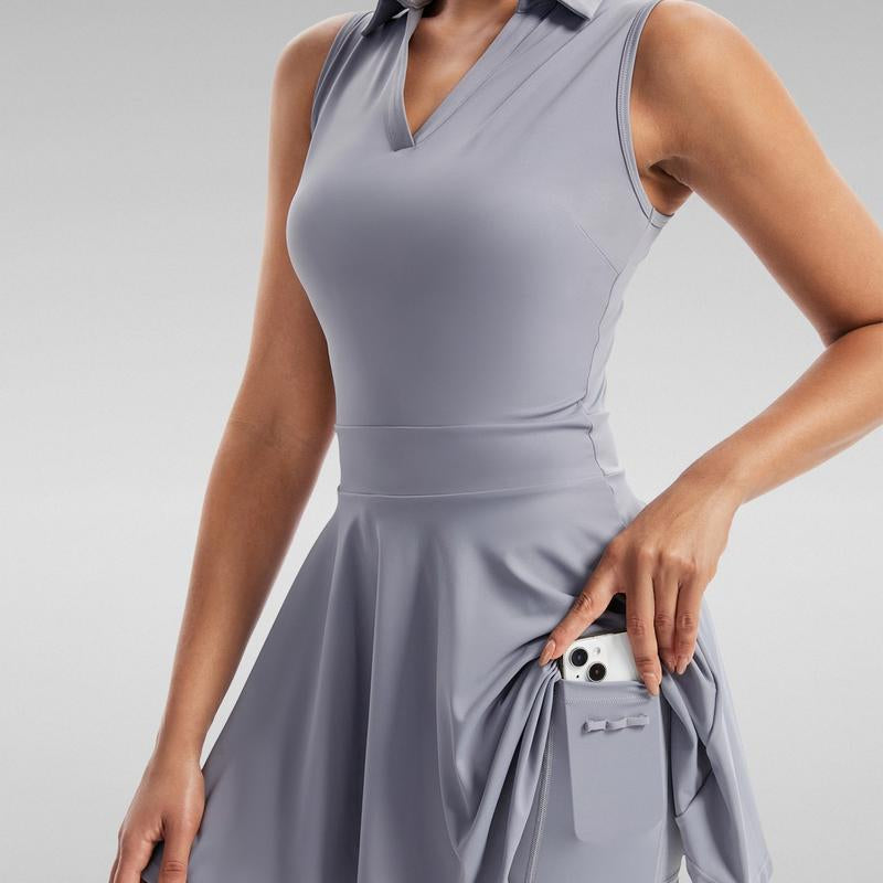 Women'S Sporty Cute Golf & Tennis Dress – Sleeveless Collared Athletic Dress with Built-In Shorts & Pockets – 2-Piece Workout Set for Gym, Exercise, Casual Summer & Outdoor，Trendy Activewear