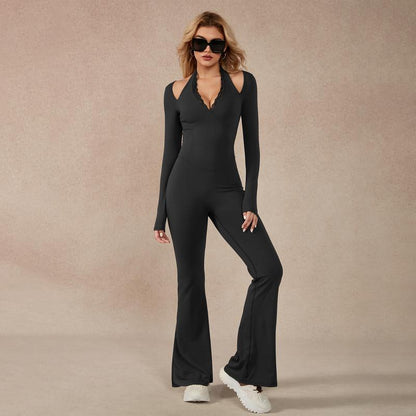 Timeoff Women'S Long-Sleeve Lace-Trim Halter Jumpsuit, Deep V-Neck & Flared Pant Hem, Solves Stylish Support & Flexible Fit Need for Yoga, Dance Workouts & Fashion-Forward Fitness Sessions,Jumpsuit Women