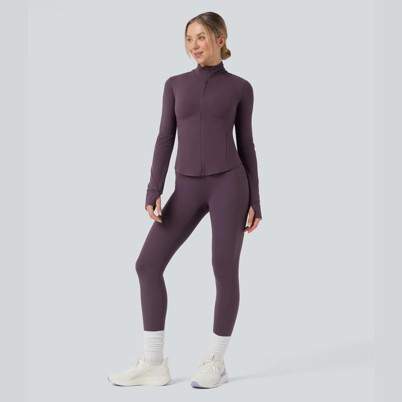 Halara 2-Piece Ultrasculpt Mock Neck Push-Up Long Sleeve Thumb Hole Yoga Jacket with Pockets & Ultrasculpt High Waisted Tummy Control Pocket Shaping Training Leggings Set