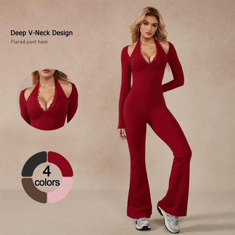 Timeoff Women'S Long-Sleeve Lace-Trim Halter Jumpsuit, Deep V-Neck & Flared Pant Hem, Solves Stylish Support & Flexible Fit Need for Yoga, Dance Workouts & Fashion-Forward Fitness Sessions,Jumpsuit Women