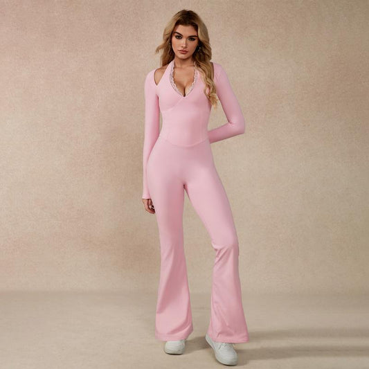 Timeoff Women'S Long-Sleeve Lace-Trim Halter Jumpsuit, Deep V-Neck & Flared Pant Hem, Solves Stylish Support & Flexible Fit Need for Yoga, Dance Workouts & Fashion-Forward Fitness Sessions,Jumpsuit Women