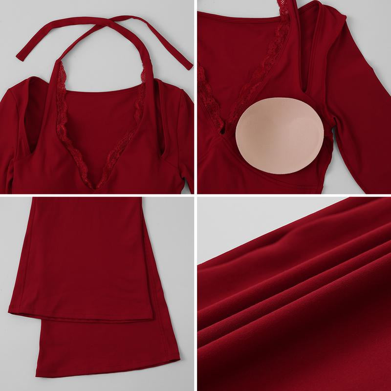 Timeoff Women'S Long-Sleeve Lace-Trim Halter Jumpsuit, Deep V-Neck & Flared Pant Hem, Solves Stylish Support & Flexible Fit Need for Yoga, Dance Workouts & Fashion-Forward Fitness Sessions,Jumpsuit Women