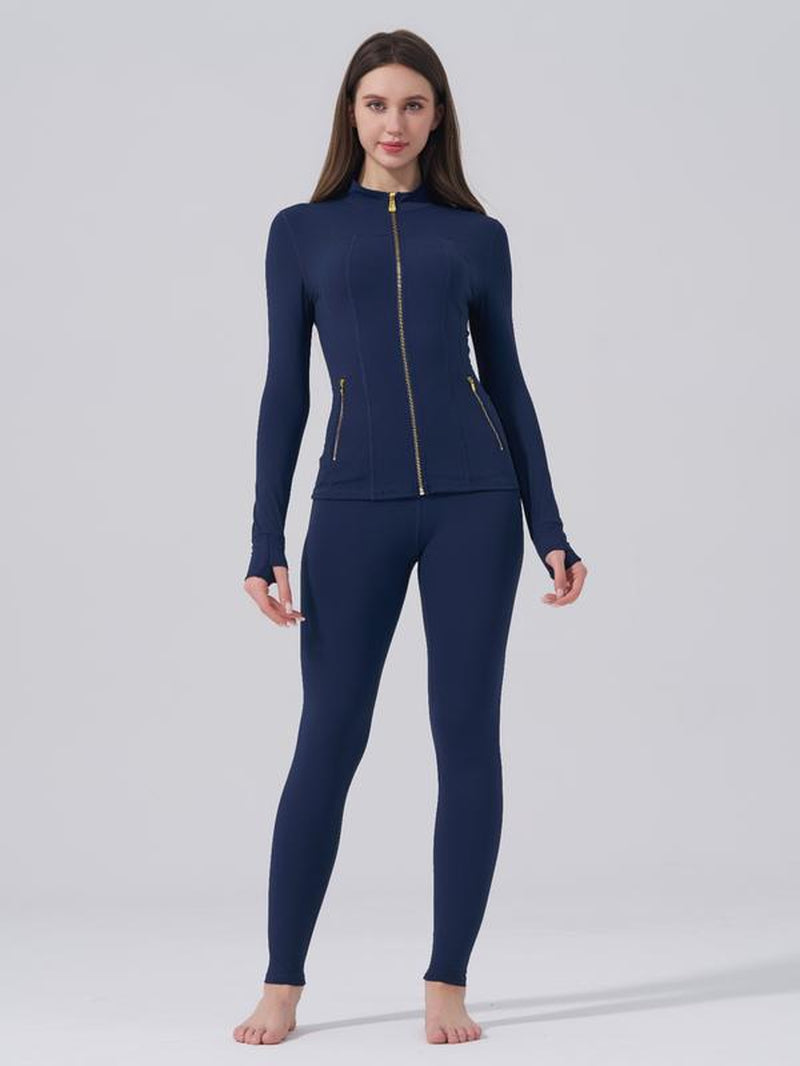 【Golden Zipper】【Gardenia Fragrance】Soft Brushed Women'S Sporty Tracksuit Set , Golden Zipper Jacket with Pockets & Yoga Pants, Thumbholes Design, Casual Wear for Women,#Fyp#Leggings