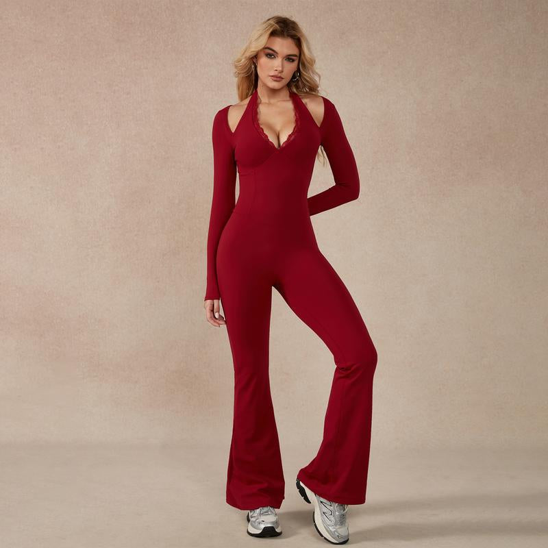 Timeoff Women'S Long-Sleeve Lace-Trim Halter Jumpsuit, Deep V-Neck & Flared Pant Hem, Solves Stylish Support & Flexible Fit Need for Yoga, Dance Workouts & Fashion-Forward Fitness Sessions,Jumpsuit Women