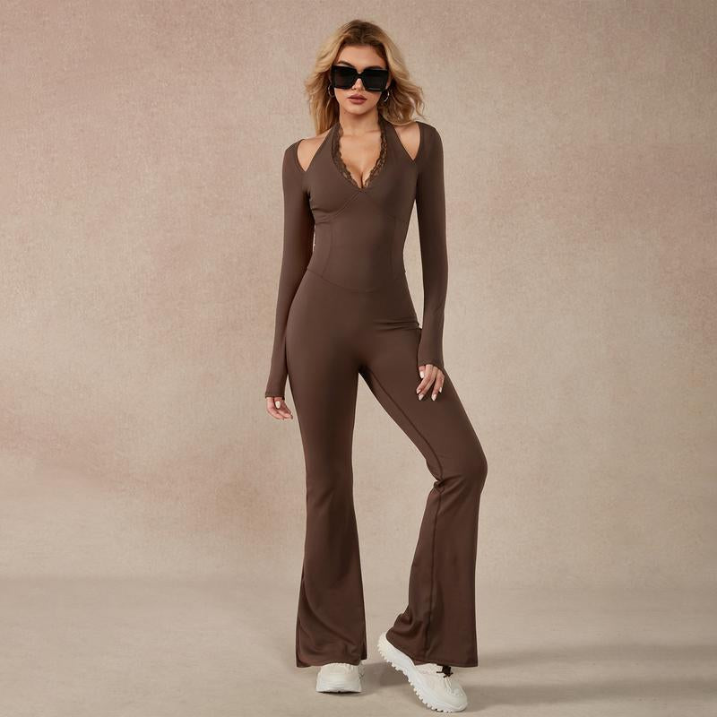 Timeoff Women'S Long-Sleeve Lace-Trim Halter Jumpsuit, Deep V-Neck & Flared Pant Hem, Solves Stylish Support & Flexible Fit Need for Yoga, Dance Workouts & Fashion-Forward Fitness Sessions,Jumpsuit Women