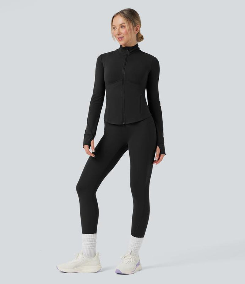 Halara 2-Piece Ultrasculpt Mock Neck Push-Up Long Sleeve Thumb Hole Yoga Jacket with Pockets & Ultrasculpt High Waisted Tummy Control Pocket Shaping Training Leggings Set