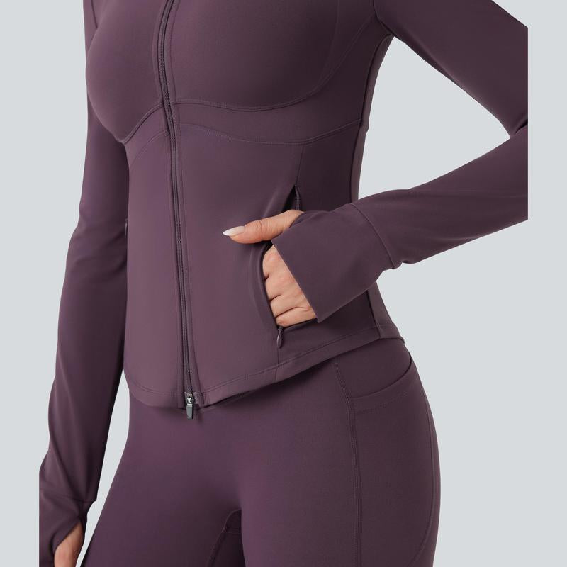 Halara 2-Piece Ultrasculpt Mock Neck Push-Up Long Sleeve Thumb Hole Yoga Jacket with Pockets & Ultrasculpt High Waisted Tummy Control Pocket Shaping Training Leggings Set